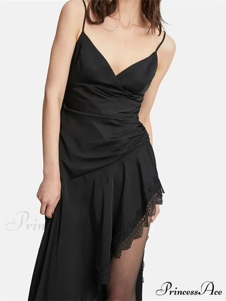 Sexy Women Side High Split Sleeveless Strap V-neck Lace Patchwork Summer Cocktail Party Vestido