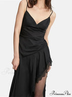 Sexy Women Side High Split Sleeveless Strap V-neck Lace Patchwork Summer Cocktail Party Vestido