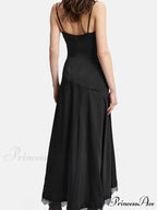 Sexy Women Side High Split Sleeveless Strap V-neck Lace Patchwork Summer Cocktail Party Vestido