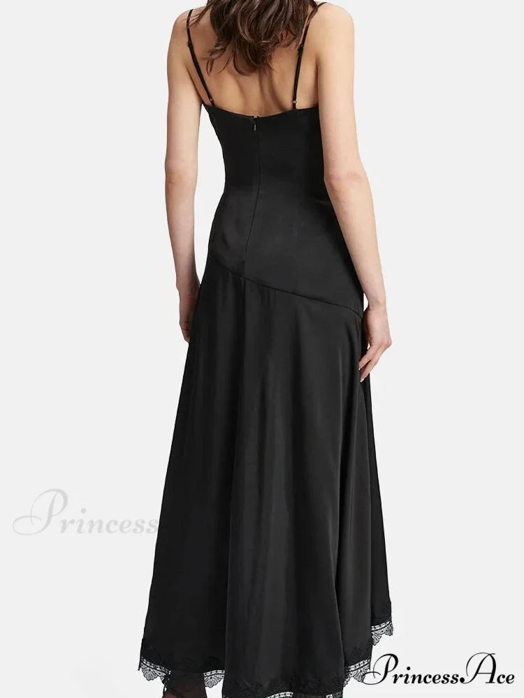 Sexy Women Side High Split Sleeveless Strap V-neck Lace Patchwork Summer Cocktail Party Vestido