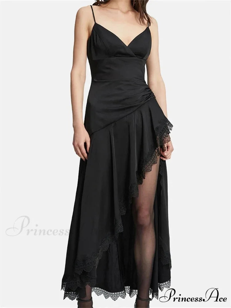 Sexy Women Side High Split Sleeveless Strap V-neck Lace Patchwork Summer Cocktail Party Vestido