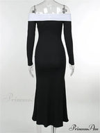 Sexy Women Slash Neck Off Shoulder Sleeve Contrast Color Slim Fit Party Formal Female Vestidos