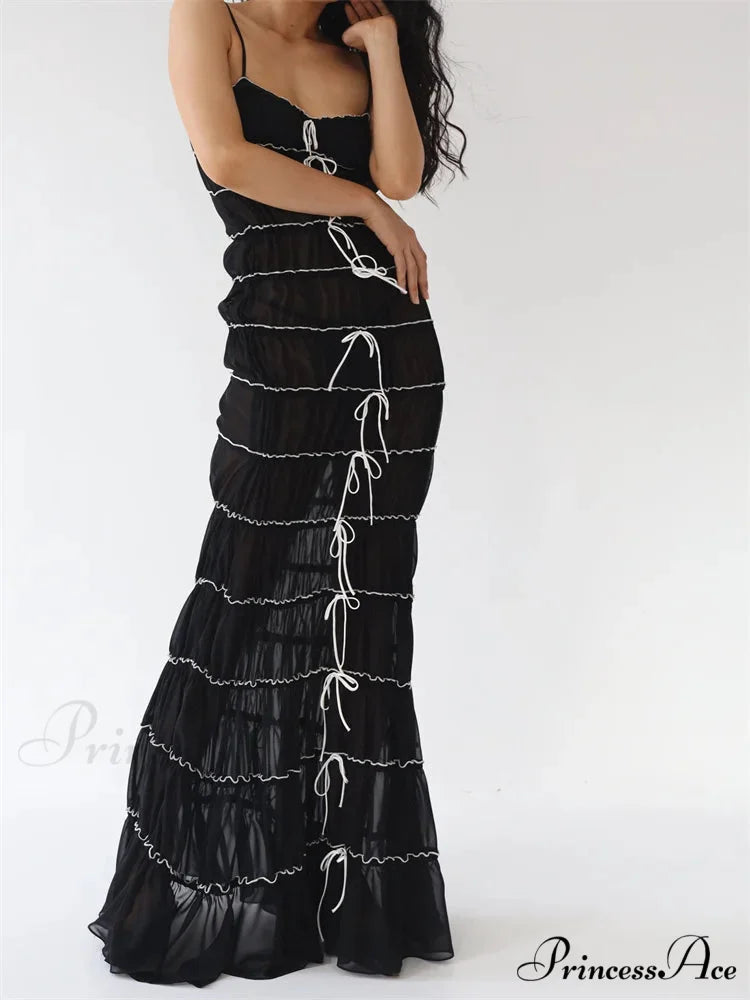 Sexy Women Sleeveless Casual Sling Spaghetti Strap See Through Tie-up Sexy Y2K Party Vestidos