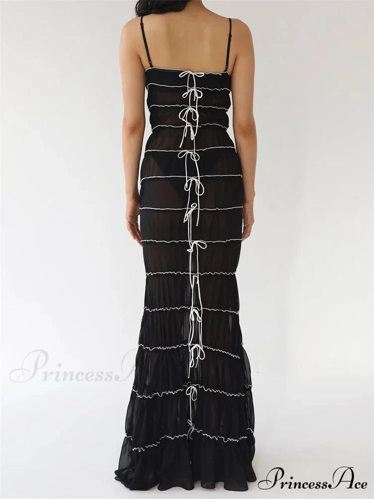 Sexy Women Sleeveless Casual Sling Spaghetti Strap See Through Tie-up Sexy Y2K Party Vestidos