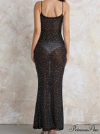 Sexy Women Sleeveless Strap Slim Sparkle Rhinestone Low Cut Trumpet Summer Party Female Vestido
