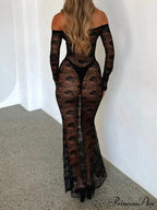 Sexy Women Slim Mesh Sheer Lace Flower See Through -Sleeve Off Shoulder Spring Summer Vestidos