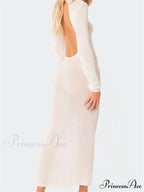 Sexy Women Summer Autumn Party Solid Round Neck Sleeve Backless Knitted Female Vestido Clubwear