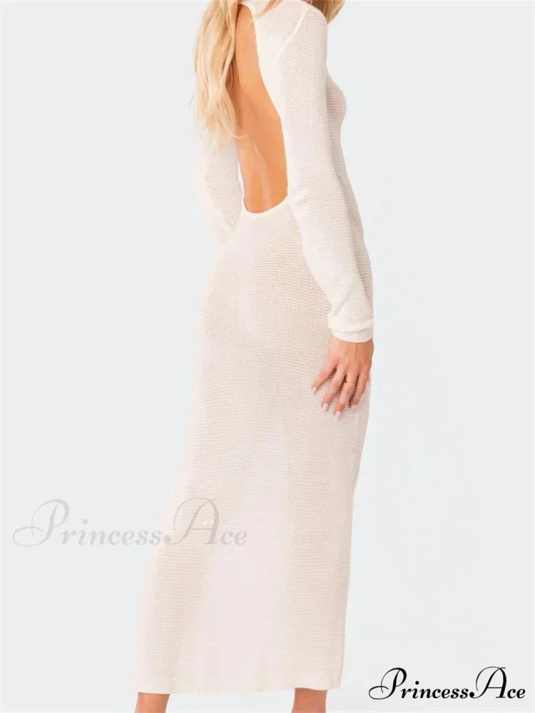 Sexy Women Summer Autumn Party Solid Round Neck Sleeve Backless Knitted Female Vestido Clubwear