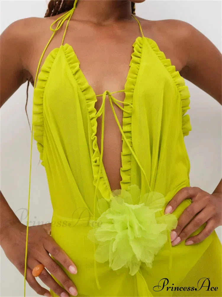 Sexy Women Summer Beach Sleeveless Halter Tie-up Backless See-through Flower Split Ruffles Vestidos