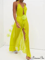 Sexy Women Summer Beach Sleeveless Halter Tie-up Backless See-through Flower Split Ruffles Vestidos
