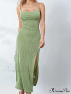 Sexy Women Summer High Split Solid Spaghetti Strap Square Neck Backless Slim Female Vestidos