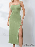 Sexy Women Summer High Split Solid Spaghetti Strap Square Neck Backless Slim Female Vestidos