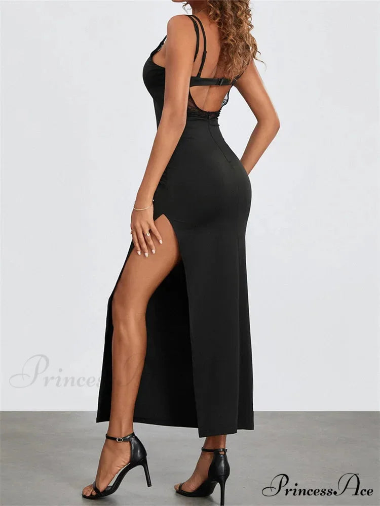 Sexy Women Summer Slim Sleeveless Lace Patchwork Low Cut Cutout Side High Split Summer Party Vestido