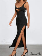 Sexy Women Summer Slim Sleeveless Lace Patchwork Low Cut Cutout Side High Split Summer Party Vestido