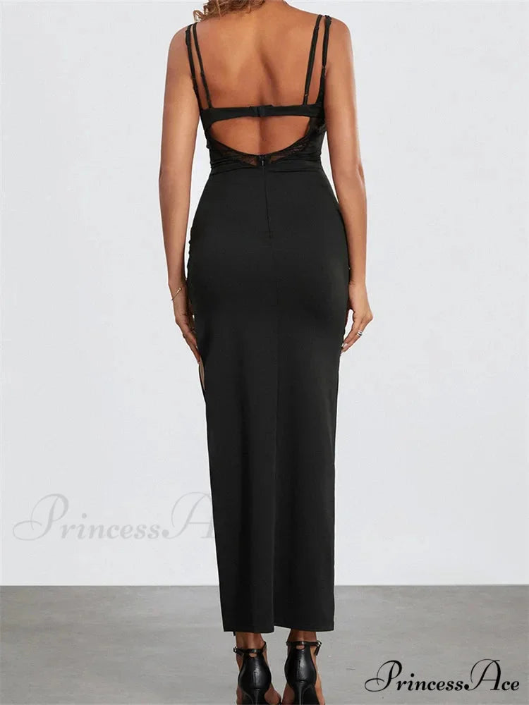 Sexy Women Summer Slim Sleeveless Lace Patchwork Low Cut Cutout Side High Split Summer Party Vestido