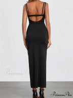 Sexy Women Summer Slim Sleeveless Lace Patchwork Low Cut Cutout Side High Split Summer Party Vestido