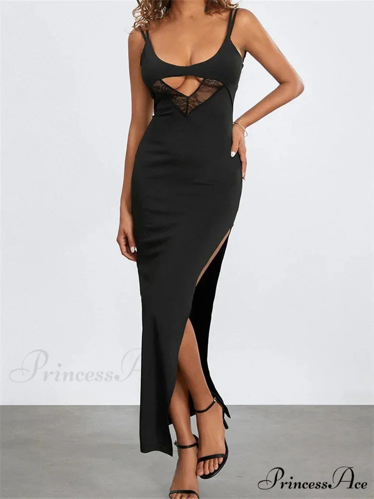 Sexy Women Summer Slim Sleeveless Lace Patchwork Low Cut Cutout Side High Split Summer Party Vestido