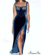 Sexy Women Summer Solid Evening Sleeveless Strap Lace Patchwork High Split Party Female Vestido