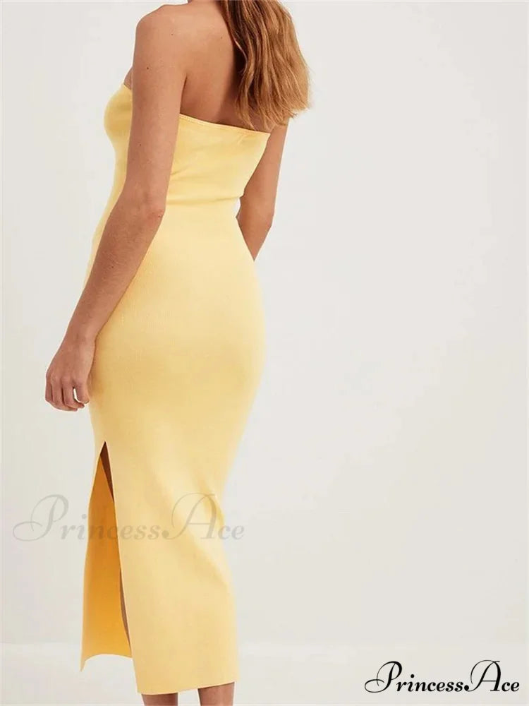 Sexy Women Tube Solid Strapless Off Shoulder Backless Summer Side Split Party Knitted Vestidos