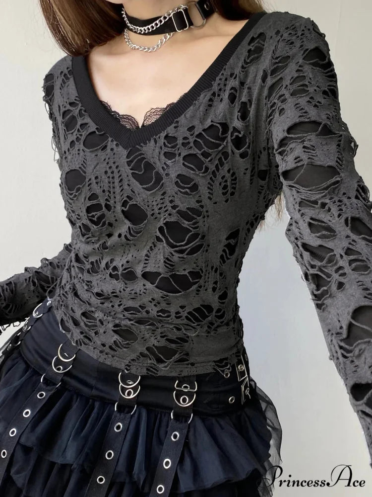 Shadowy Pierced False 2 Part Gothic V-Neck Knit Top