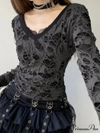 Shadowy Pierced False 2 Part Gothic V-Neck Knit Top