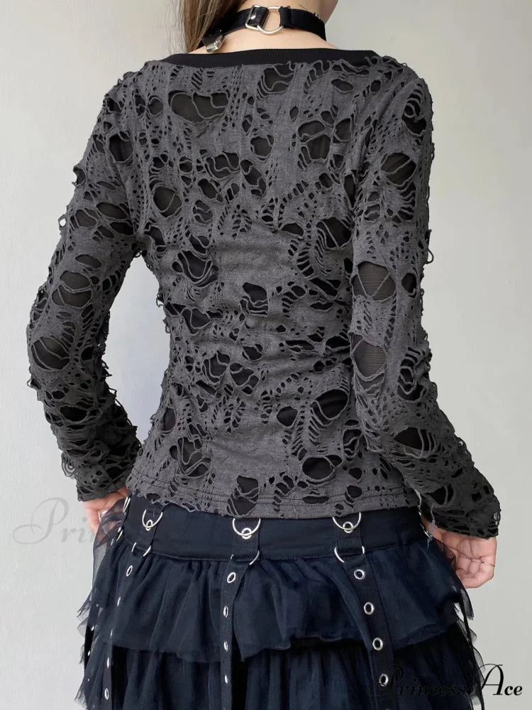 Shadowy Pierced False 2 Part Gothic V-Neck Knit Top