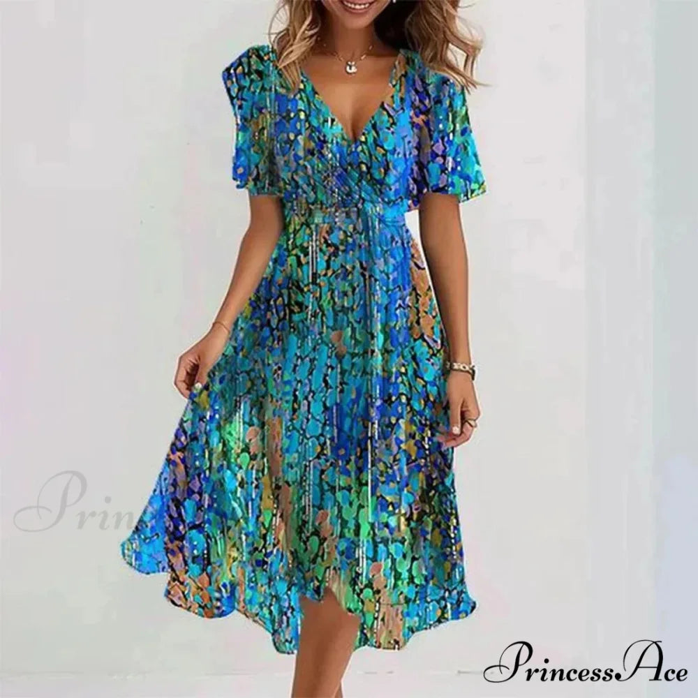Sheer Blossom Pattern Plunging Neckline Dress