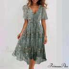Sheer Blossom Pattern Plunging Neckline Dress