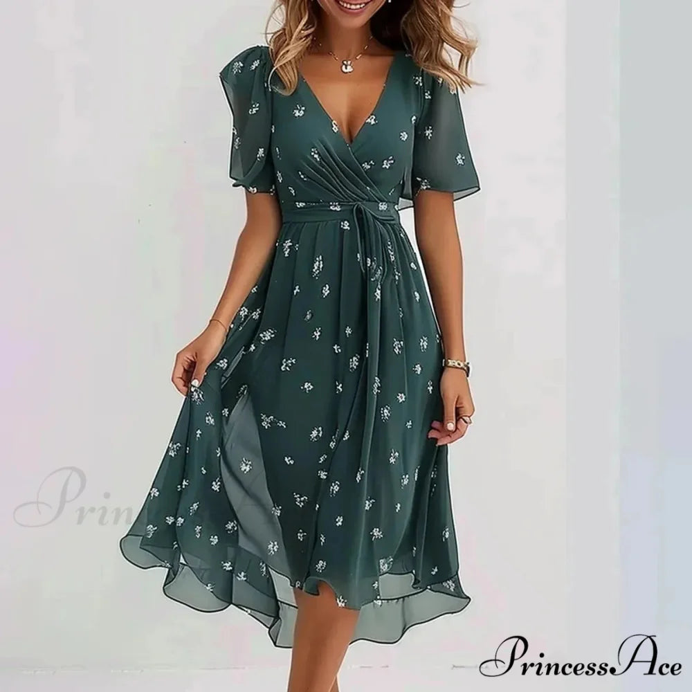 Sheer Blossom Pattern Plunging Neckline Dress