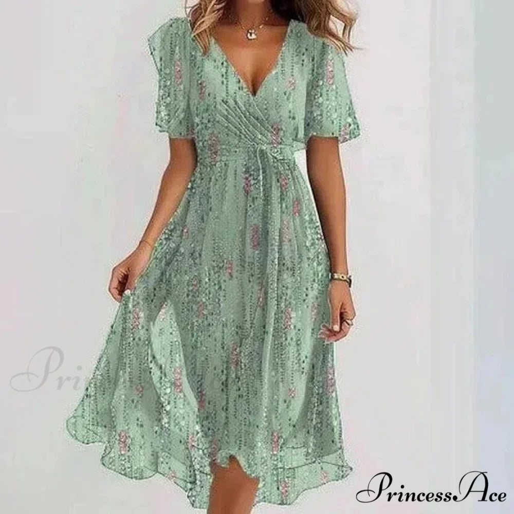 Sheer Blossom Pattern Plunging Neckline Dress