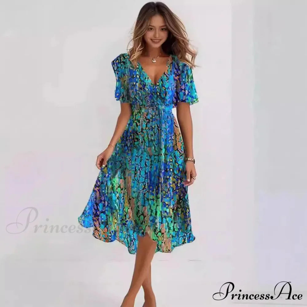 Sheer Blossom Pattern Plunging Neckline Dress