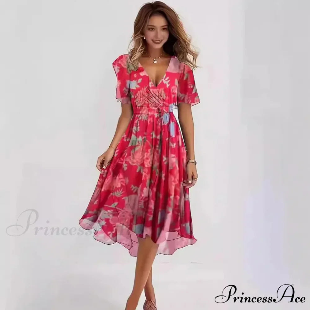 Sheer Blossom Pattern Plunging Neckline Dress