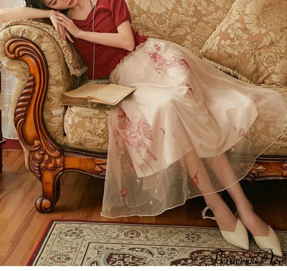 Sheer Blossom Stitched Charming Style Double Tiered Skirt