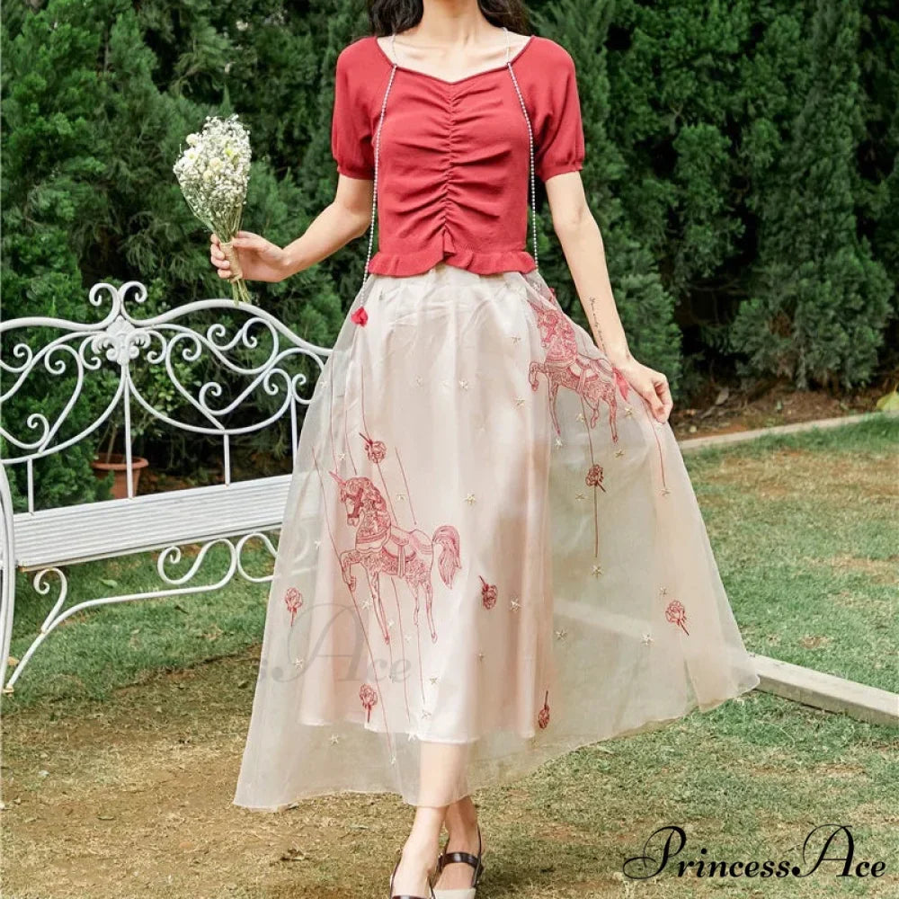 Sheer Blossom Stitched Charming Style Double Tiered Skirt
