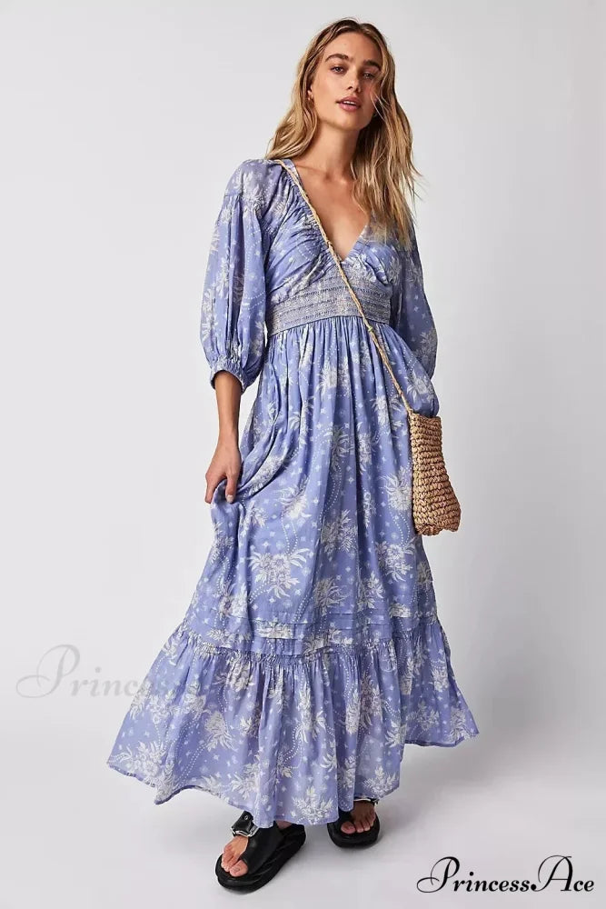 Sheer Extended Sleeve Festive Flower Bohemian Dress