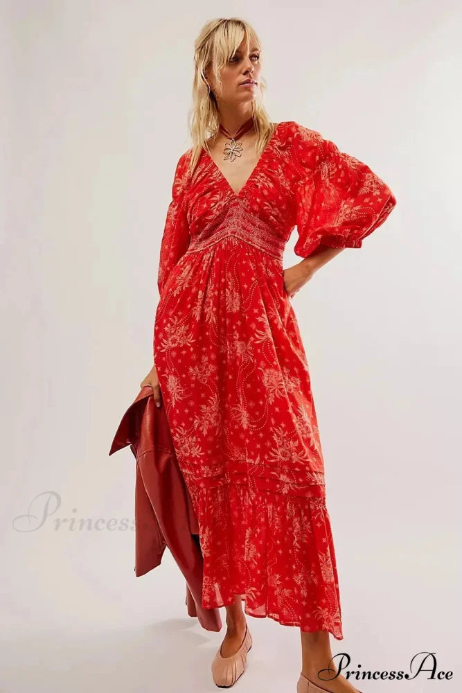 Sheer Extended Sleeve Festive Flower Bohemian Dress