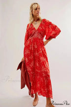 Sheer Extended Sleeve Festive Flower Bohemian Dress