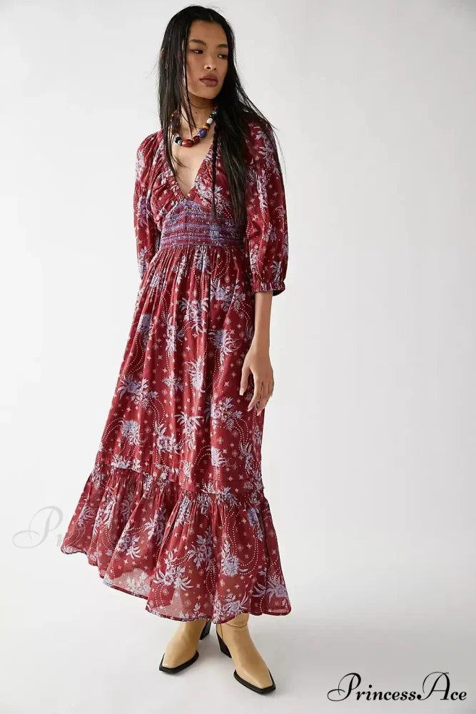 Sheer Extended Sleeve Festive Flower Bohemian Dress