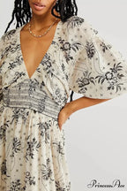 Sheer Extended Sleeve Festive Flower Bohemian Dress