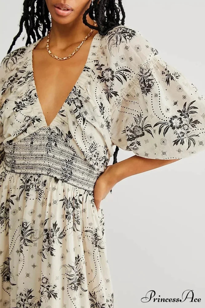 Sheer Extended Sleeve Festive Flower Bohemian Dress