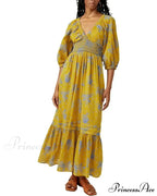 Sheer Extended Sleeve Festive Flower Bohemian Dress