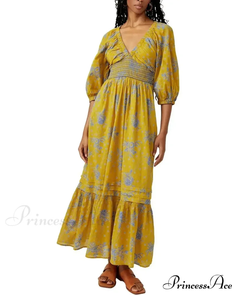 Sheer Extended Sleeve Festive Flower Bohemian Dress