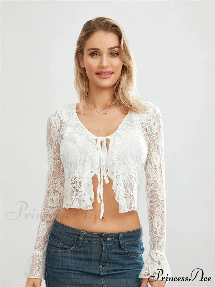 Sheer Flounce Sleeve Lace-Up Transparent Blouse