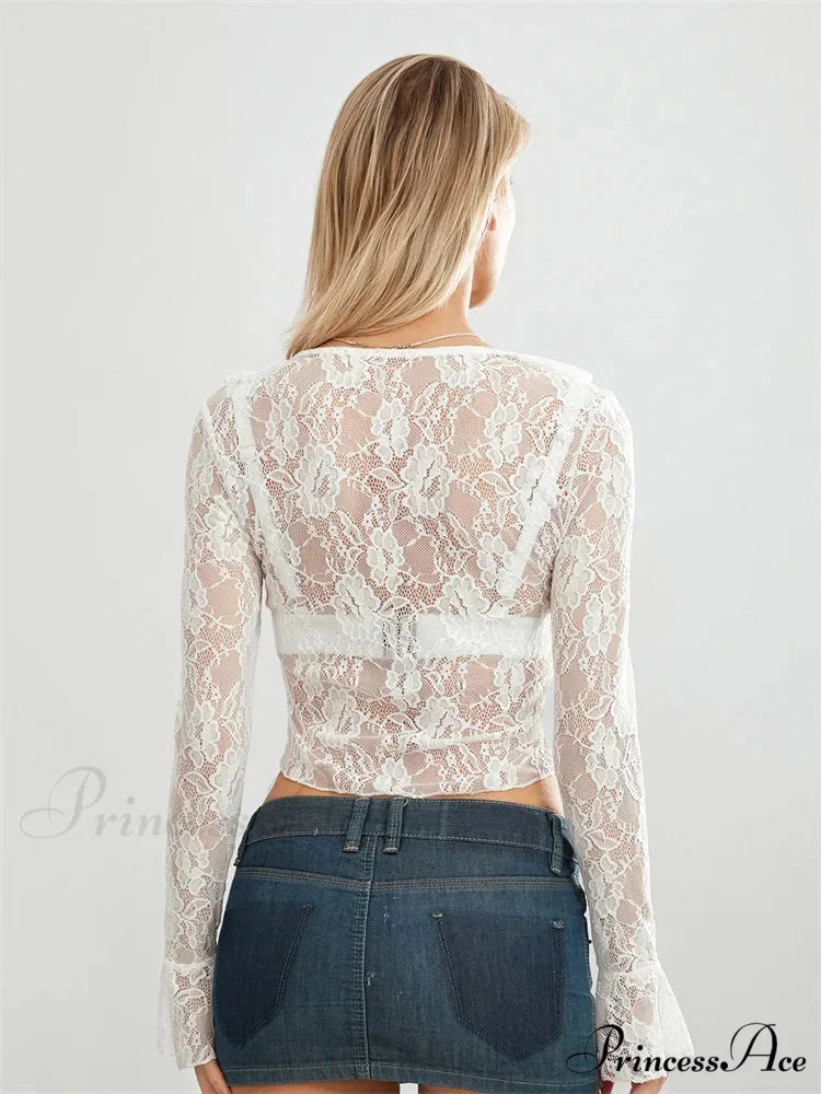 Sheer Flounce Sleeve Lace-Up Transparent Blouse