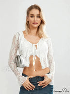 Sheer Flounce Sleeve Lace-Up Transparent Blouse