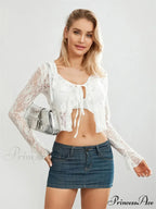 Sheer Flounce Sleeve Lace-Up Transparent Blouse