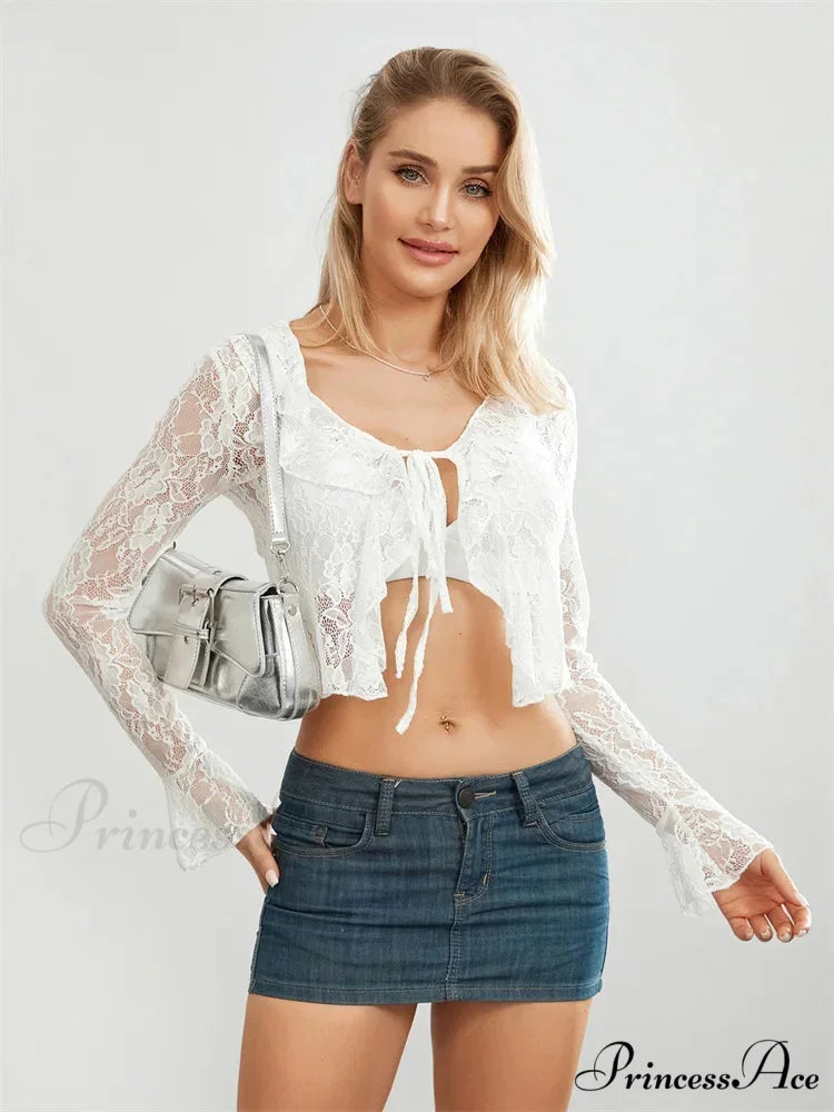 Sheer Flounce Sleeve Lace-Up Transparent Blouse