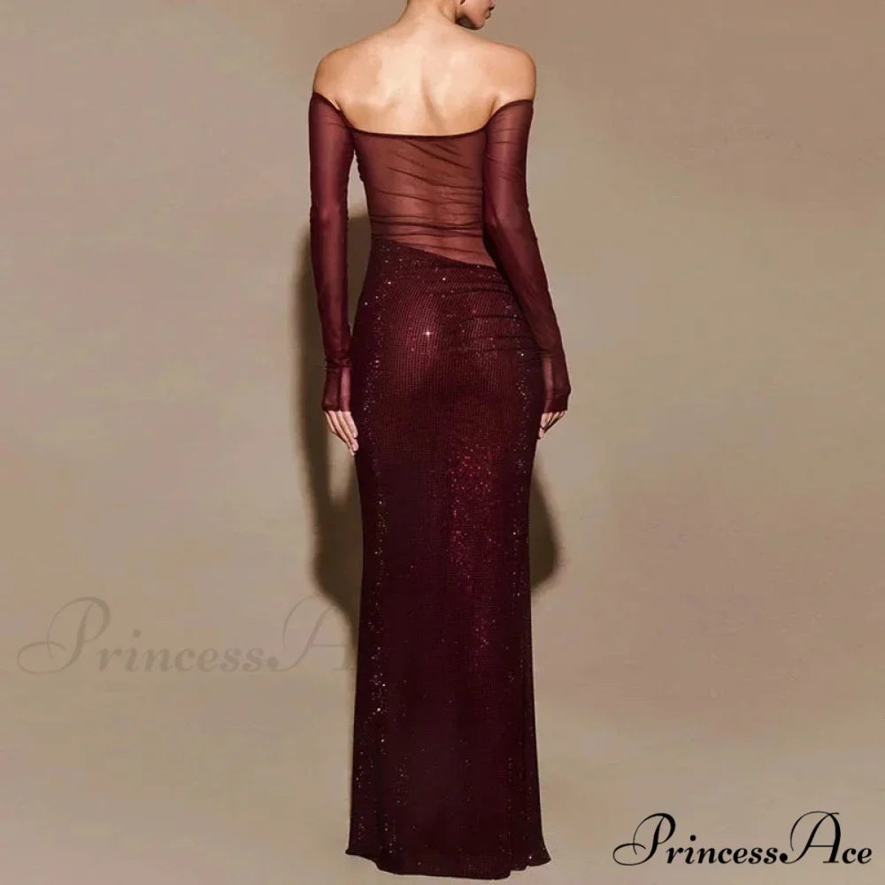 Sheer Mesh Sequin Banquet Party Dress