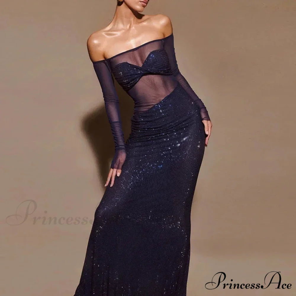 Sheer Mesh Sequin Banquet Party Dress