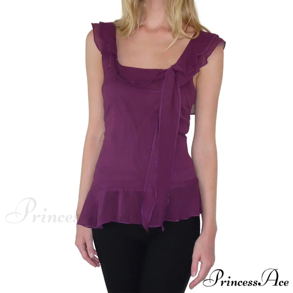 Sheer Mesh Sleeveless Backless 3D Stylish Elegant Trendy Chic Ruffle Crop Top